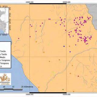 Mapa de sitios arqueológicos por periodos en el valle de Chicama