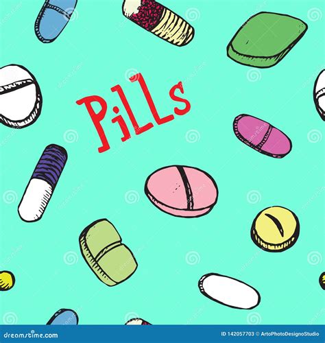 Colorful Pills Around Inscription Hand Drawn Doodle Sketch