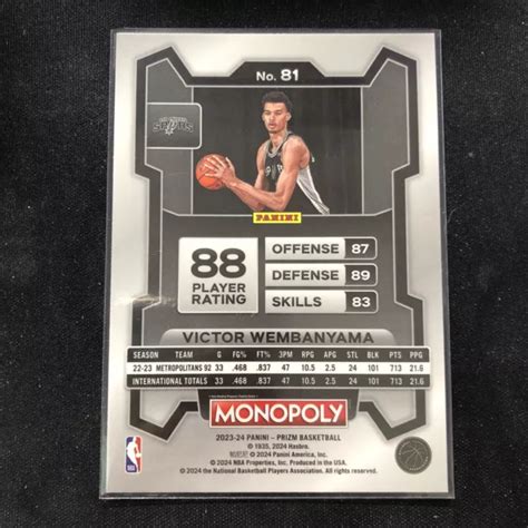 2023 24 MONOPOLY PRIZM VICTOR WEMBANYAMA Carte Recrue RC Base Spurs 81