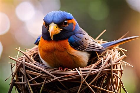 Un P Jaro Se Sienta En Un Nido Con Sus Plumas Azules Y Naranjas Foto