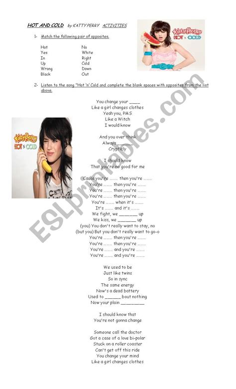 Katy Perry Hot N Cold ESL Worksheet By Mckeeverfever
