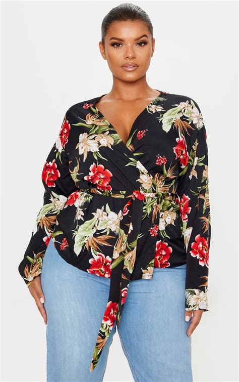 Plus Black Floral Wrap Top Plus Size Prettylittlething Ie