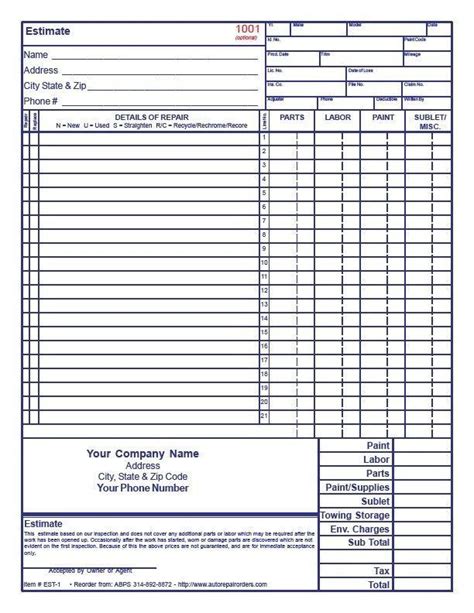 Printable Auto Repair Estimate Template