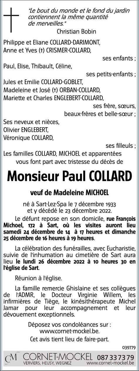 Avis De Décès De Paul Collard Décédé Le 23122022 à Sart Lez Spa