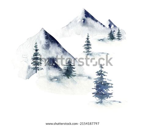 Hand Painted Watercolor Winter Landscape Pine Stock Illustration