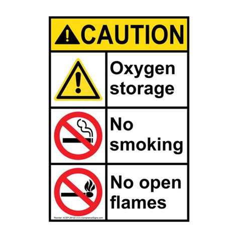 Vertical Oxygen Storage No Smoking No Open Flames Sign - ANSI Caution