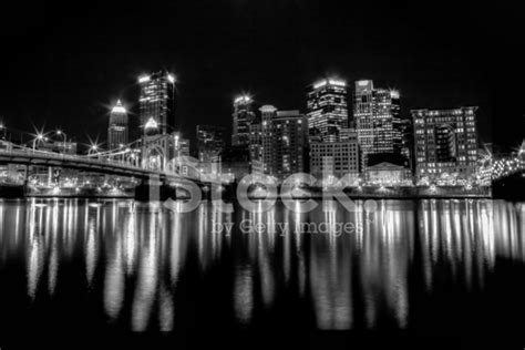 Pittsburgh Skyline At Night Black And White Stock Photo Royalty