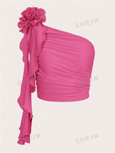 Shein Icon 3d Rosette One Shoulder Ruffle Trim Ruched Side Crop Top