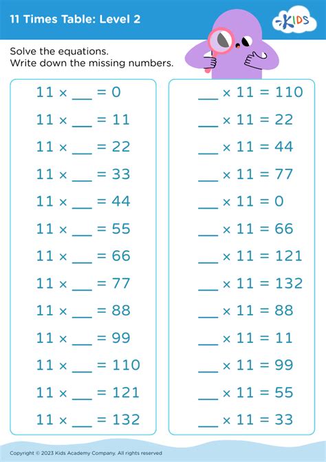 Free 11 Times Table Level 2 Worksheet For Kids