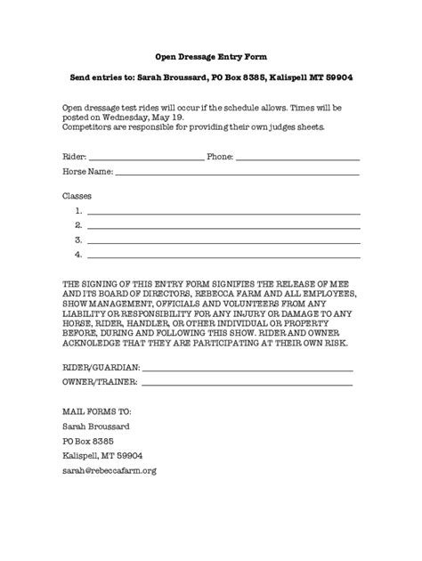 Fillable Online Open Dressage Entry Form Rebecca Farm Fax Email Print