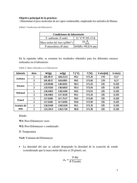 Determinación Peso Molecular Vapor Método Dumas Pdf Densidad Etanol