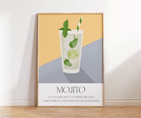 Mojito Cocktail Print Mojito Poster Retro Cocktail Posters Colourful