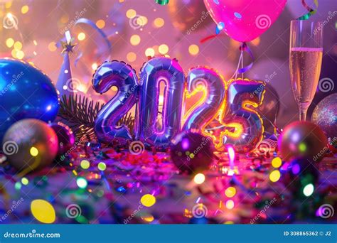 Vibrant New Year 2025 Celebration With Balloons Confetti And Festive