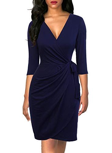 Berydress Women's Vintage Navy Faux Wrap Dress with 3/4 Sleeve Sheath Casual Business Wear to ...