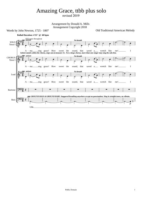 Amazing Grace Ttbb Plus Solo Sheet Music For Bass Guitar Solo