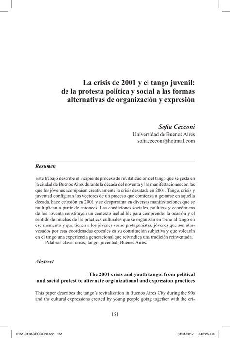 La Crisis De 2001 Y El Tango Juvenil De La Protesta Política Y Social