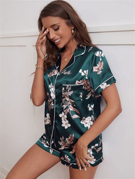 Floral Print Contrast Piping Satin Pj Set Shein Uk