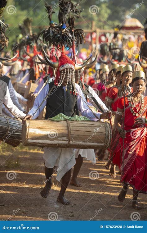 Tribal Man Dancing In Procession During Dussera Festival At Jagdalpur