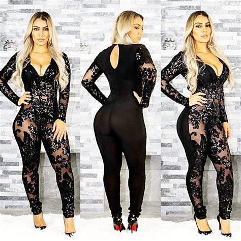 See Through Black Sequin Long Sleeve Sparkly Bodycon Jumpsuits In 2020