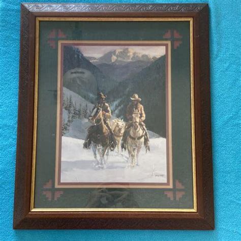 Framed Two Western Cowboys Three Horses Snowy Mountains By Artist Gary