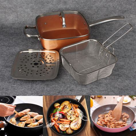 New 4 Piece Set Copper Square Frying Pan Induction For Chef Glass Lid Fry Basket Steam Rack