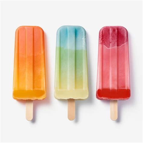 Three Popsicles Are Lined Up On A White Surface With Different Colors