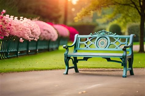 Premium Photo A Park Bench With Pink Flowers In The Background