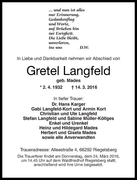 Traueranzeigen Von Gretel Langfeld Rz Trauer De