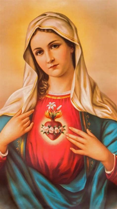 An Image Of The Virgin Mary With Her Hands On Her Chest And Wearing A Red Shirt