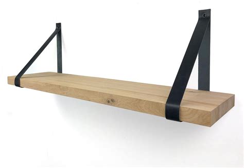 Eiken Wandplank Massief Recht 120 X 30 Cm Met Leren Riemen Zwart