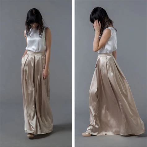 Champagne Pleated Maxi Skirt Long Zipper Waist Floor Length Women