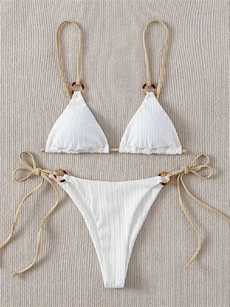 Sexy Bikini Set Cute White Plain Ring Linked Spaghetti Strap Triangle Thong Biquini Swimsuit
