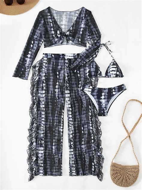 SHEIN Swim Summer Beach Tie Dye Bikini Set Tie Back Halter Triangle Bra Bikini Bottom Cover