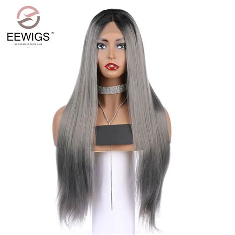 Eewigs Ash Color Synthetic Lace Front Grey Wig Natural Long Silky