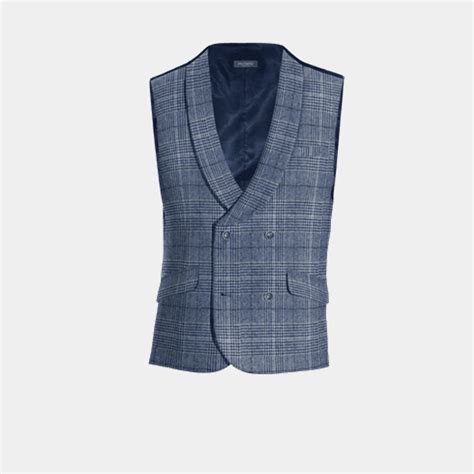 Chaleco De Traje Double Breasted De Tweed Azul De Cuadros Con Solapa