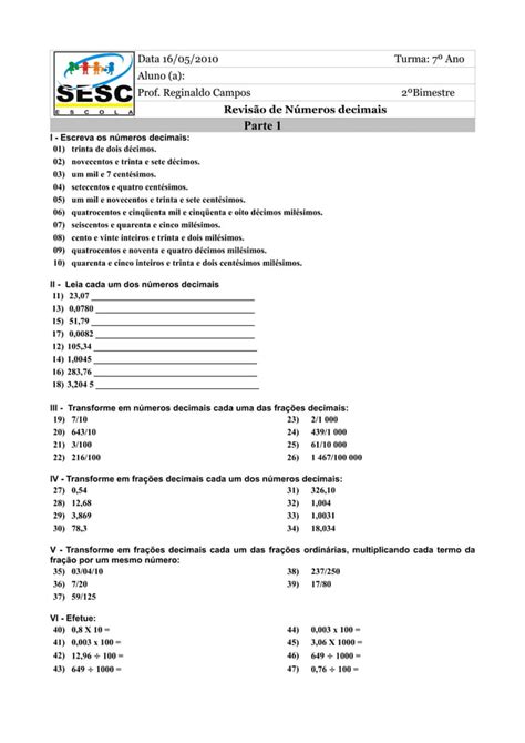 1ª lista de exercicios e lista de revisão 2ºbim 7º ano PDF