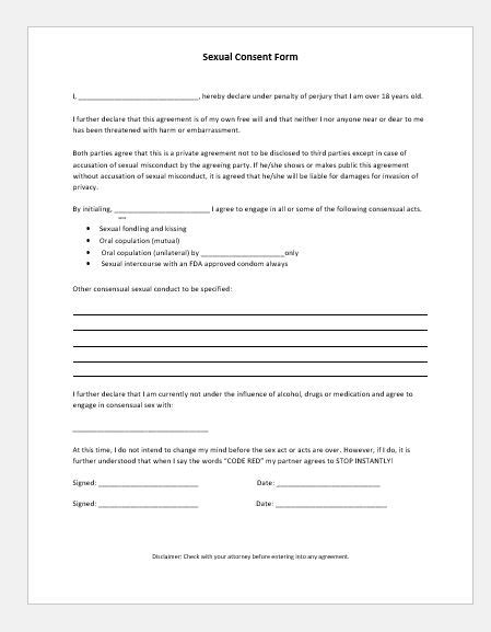 Sexual Consent Form Sample Template For Ms Word Document Hub