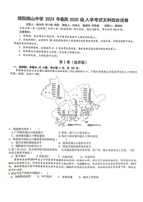 四川省绵阳南山中学2023届高三下入学考试文科综合试题自主选拔在线