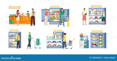 People In Supermarket Grocery Store Vector Illustration Set, Cartoon ...