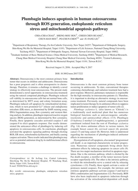 Pdf Plumbagin Induces Apoptosis In Human Osteosarcoma Through Ros