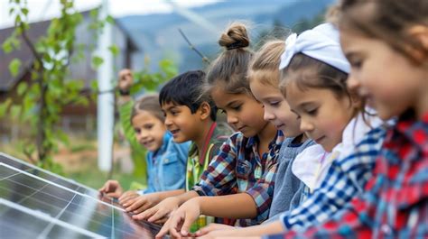 A group of young children explore solar panels learning about renewable ...