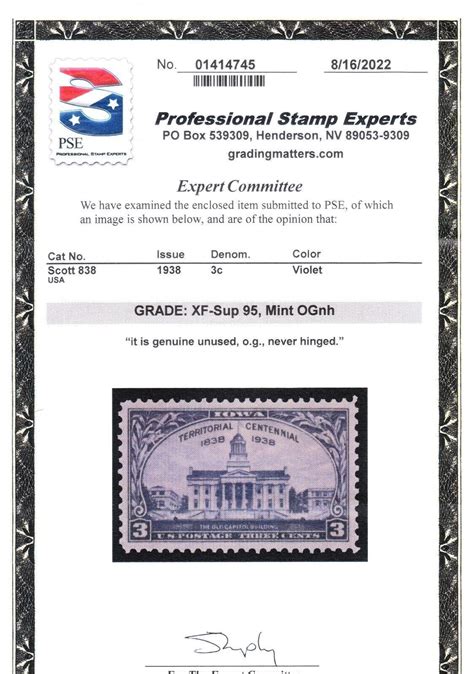 MOstamps US 838 Mint OG NH Graded XF Sup 95 With PSE Cert Lot MO