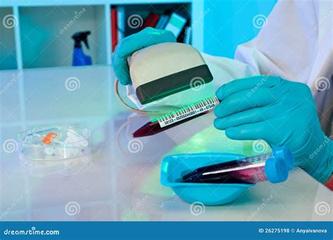 Scanning Barcode On Medical Samples Stock Photo Image Of Blue Human