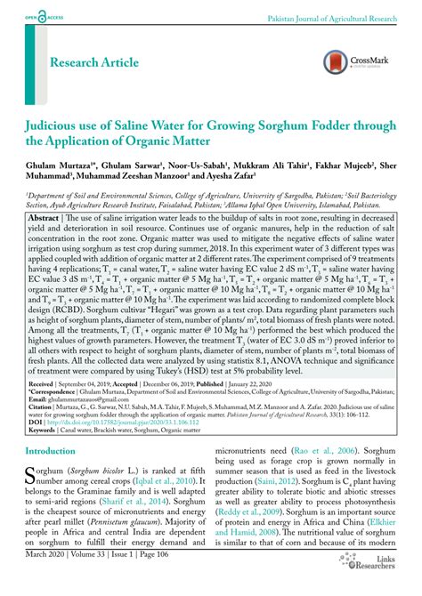 PDF Judicious Use Of Saline Water For Growing Sorghum Fodder Through