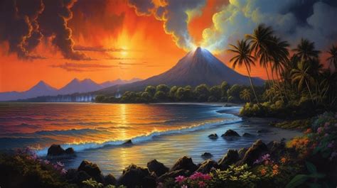 Premium AI Image | Hyperrealistic Volcano Painting With Golden Tropic Coastal Scen