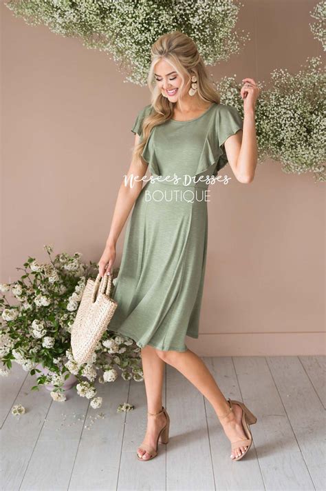 Olive Ruffle Sleeve Modest Church Dress Best And Affordable Modest