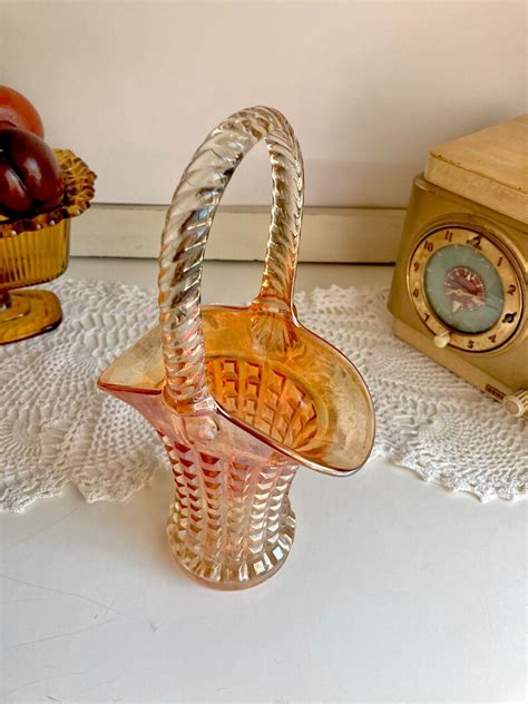 Vintage Imperial Glass 10 Waffle Block Pattern Marigold Carnival Glass Basket Vase Braided