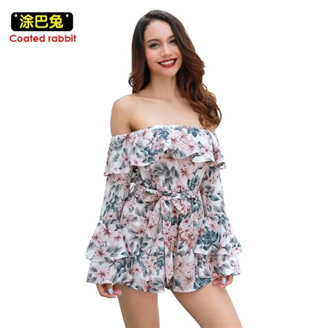 Off Shoulder Ruffle Floral Sexy Playsuit Romper Women Flare Sleeve Sash