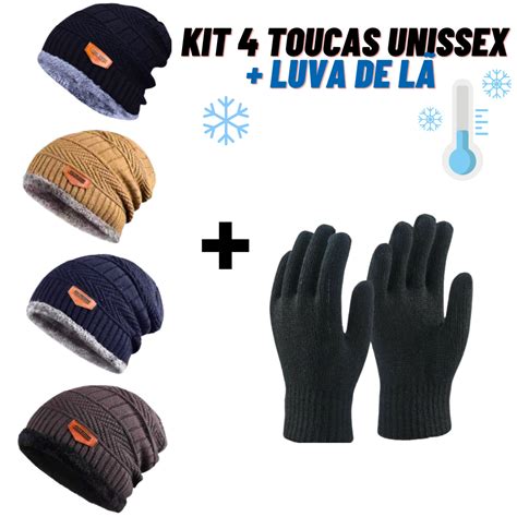 Kit 4 Touca Luva de Lã Frio Feminina Masculina Gorro Forrada Inverno