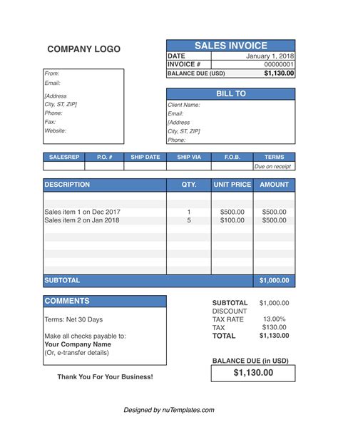 Free Printable Sales Invoice Template Printable Templates